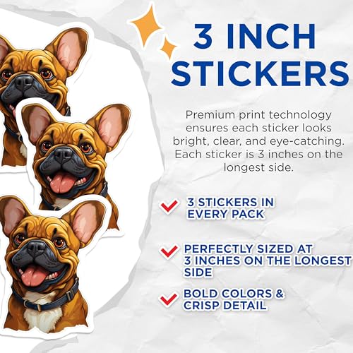(3 Pack) French Bulldog Decals - Cute Dog Stickers - Laptop Decal Set - 3 Inches On Longest Side - Easy Peel & Apply - Made in USA - 3MCS2708