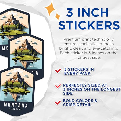 (3 Pack) Montana Decals - Helena Travel Sticker - Mountain Laptop Decals - 3 Inches On Longest Side - Easy Peel & Apply - Made in USA - 3MCS0367