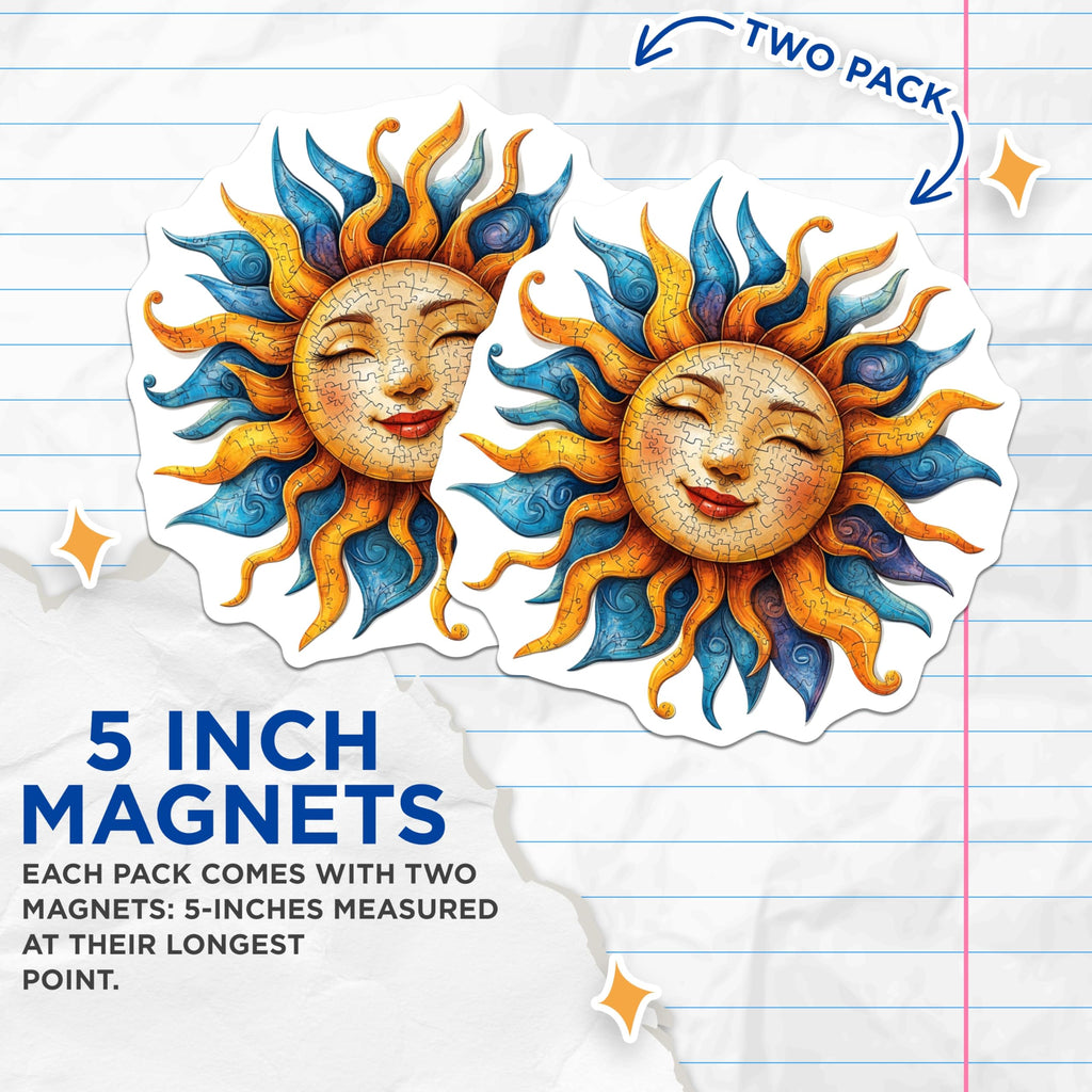 (2 Pack) Smiling Sun Magnets - Bohemian Celestial Art - Whimsical Refrigerator Decor - 5 Inches On Longest Side - Thick Durable Magnet - Made in USA - MAG28156