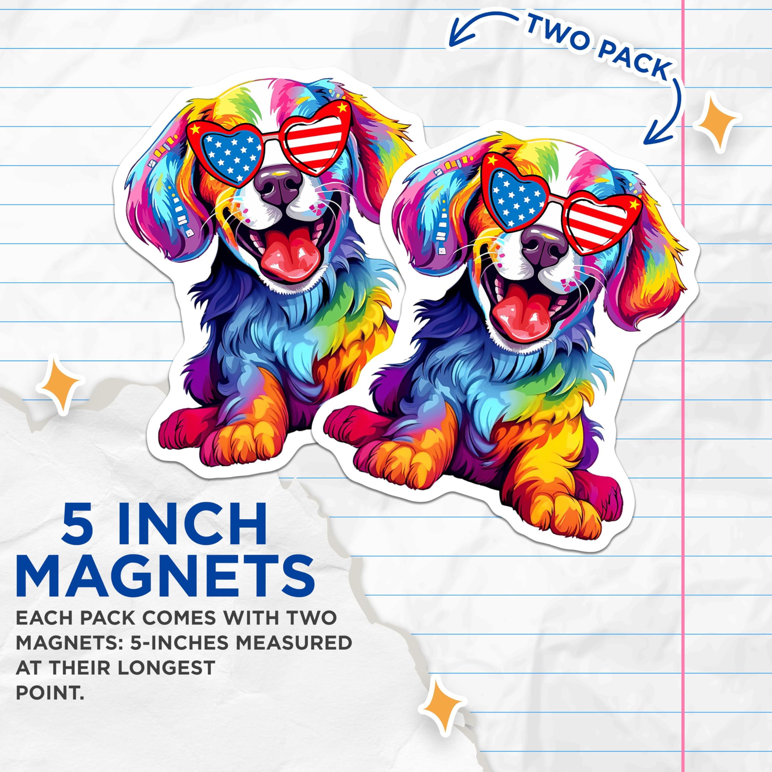 (2 Pack) Vibrant Patriotic Puppy Magnets - American Flag Heart Sunglasses Dog - Rainbow Pop Art Animal Decor for Fridge - 5 Inches On Longest Side - Thick Durable Magnet - Made in USA - MAG24234