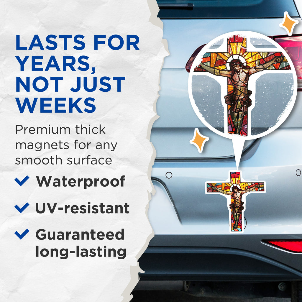 (2 Pack) Stained Glass Jesus Cross Magnets - Christian Crucifixion Art Display - Religious Devotional Home Decor - 5 Inches On Longest Side - Thick Durable Magnet - Made in USA - MAG39694