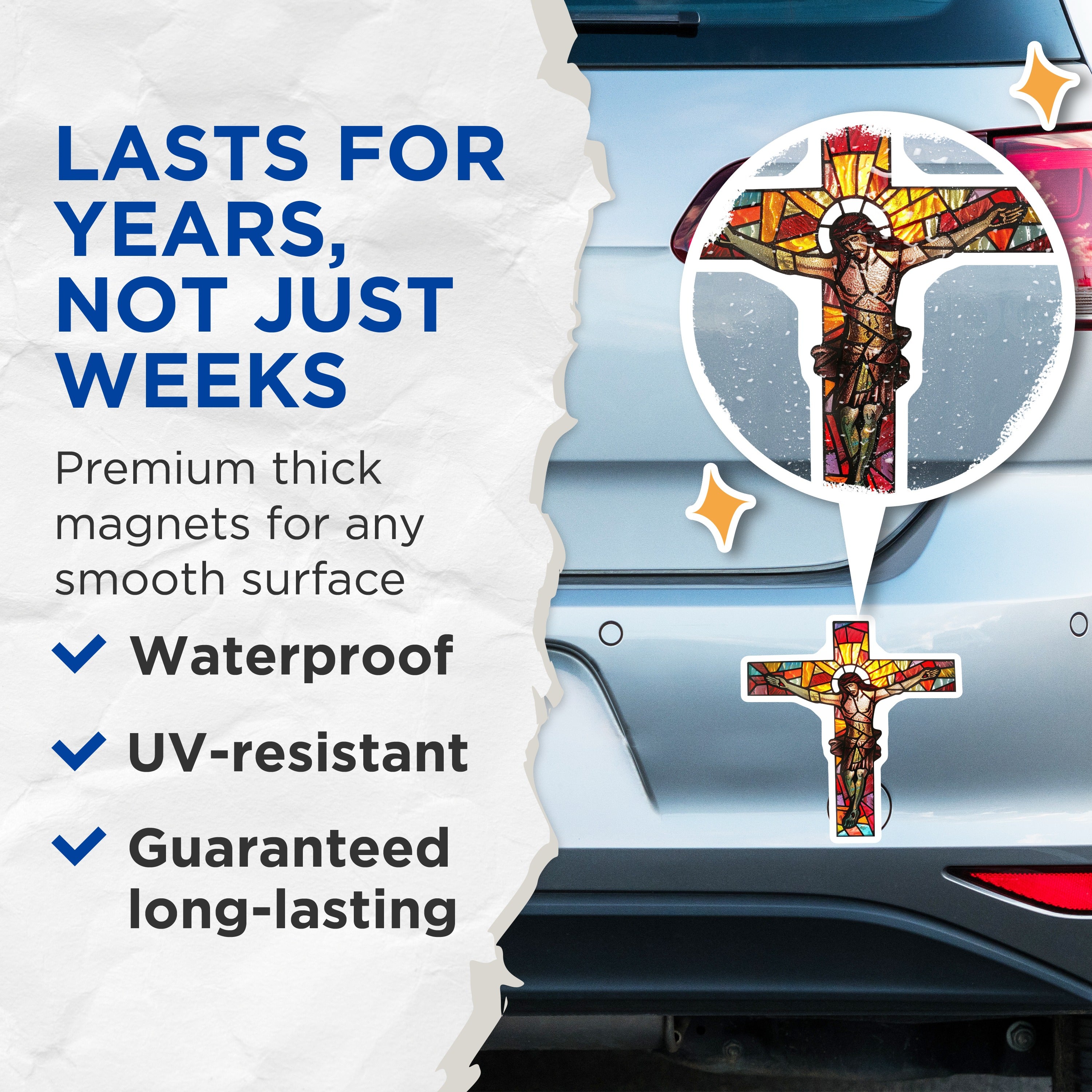 (2 Pack) Stained Glass Jesus Cross Magnets - Christian Crucifixion Art Display - Religious Devotional Home Decor - 5 Inches On Longest Side - Thick Durable Magnet - Made in USA - MAG39694