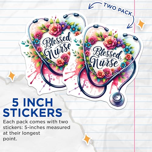 (2 Pack) Blessed Nurse Stickers - Flower Nursing Stickers - Heart Stethoscope Nurse Decals - 5" On Longest Side - Sticks to Smooth Flat Surfaces - Made in USA - BMCS6974