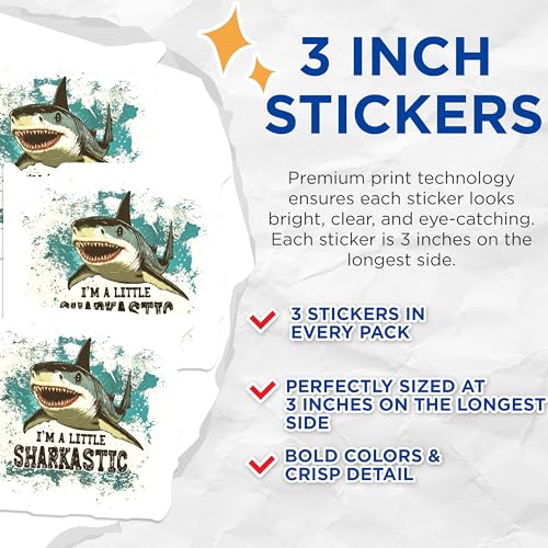 (3 Pack) Sharkastic Decals - Funny Shark Art - Sarcastic Animal Decals - 3 Inches On Longest Side - Easy Peel & Apply - Made in USA - 3MCS2282