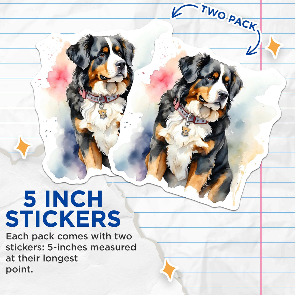 (2 Pack) Bernese Mountain Dog Stickers - Watercolor Dog Stickers - Cute Dog Breed Stickers - 5" On Longest Side - Sticks to Smooth Flat Surfaces - Made in USA - BMCS15876