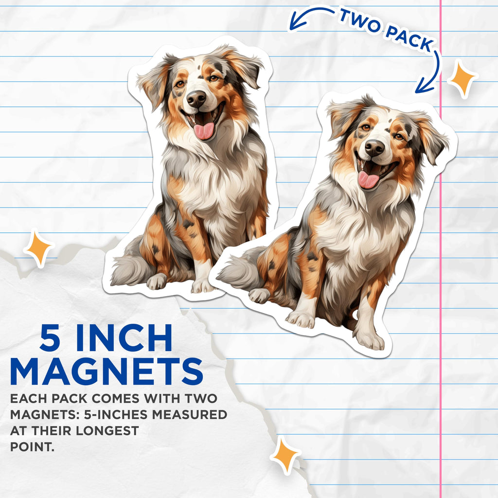 (2 Pack) Australian Shepherd Magnets - Happy Aussie Dog Breed Decor - Pet Lover Refrigerator Display for Pet Parents - 5 Inches On Longest Side - Thick Durable Magnet - Made in USA - MAG25702