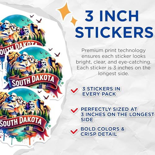 (3 Pack) South Dakota Decals - Mount Rushmore - Laptop Decals- 3 Inches On Longest Side - Easy Peel & Apply - Made in USA - 3MCS5656