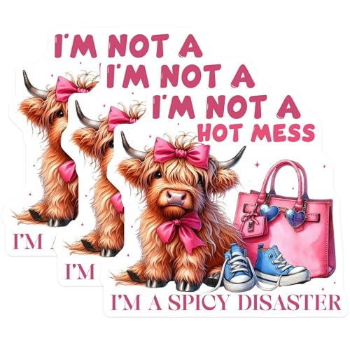 (3 Pack) Hot Mess Decals - Funny Saying Decal - Highland Cow Decals - 3 Inches On Longest Side - Easy Peel & Apply - Made in USA - 3MCS2481