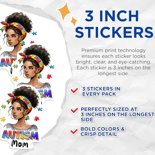 (3 Pack) Autism Mom Decals - Puzzle Pieces - Neurodiversity Awareness - 3 Inches On Longest Side - Easy Peel & Apply - Made in USA - 3MCS6884