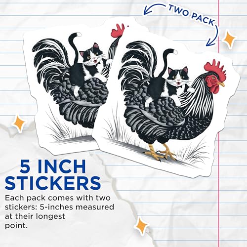 (2 Pack) Funny Chicken and Cat Stickers - Hilarious Farm Animal Decals - Quirky Pet Themed Stickers - 5" On Longest Side - Sticks to Smooth Flat Surfaces - Made in USA - BMCS5828
