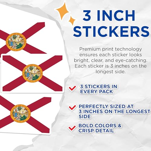 (3 Pack) Florida Flag Decals - State Pride - Laptop Car Stickers - 3 Inches On Longest Side - Easy Peel & Apply - Made in USA - 3MCS0181