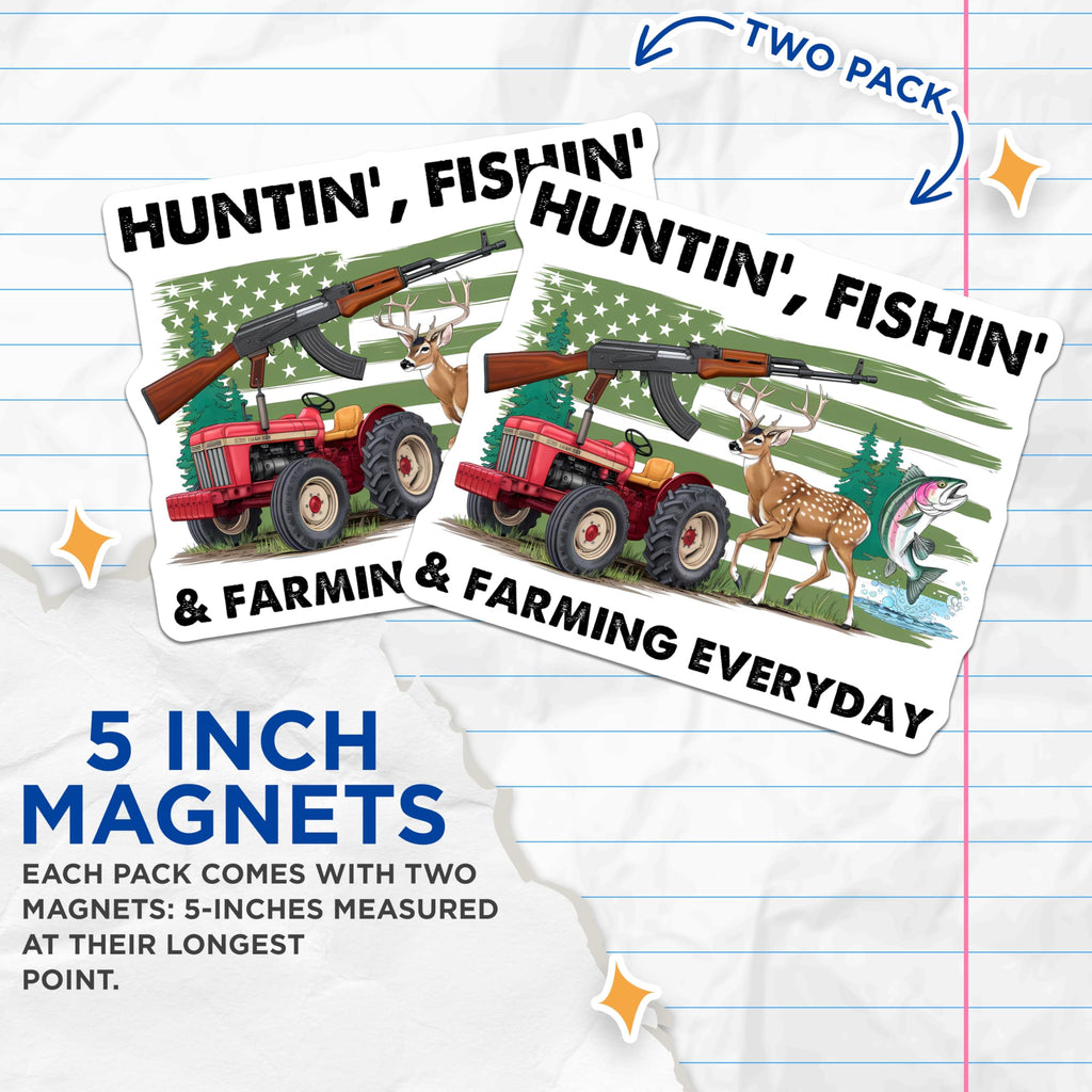 (2 Pack) Hunting Fishing Farming Magnets - Everyday Outdoor Lifestyle - Countryside Decor - 5" On Longest Side - Premium Magnet - for Cars, Refrigerators, Toolboxes, Lockers - Made in USA - MAG15230