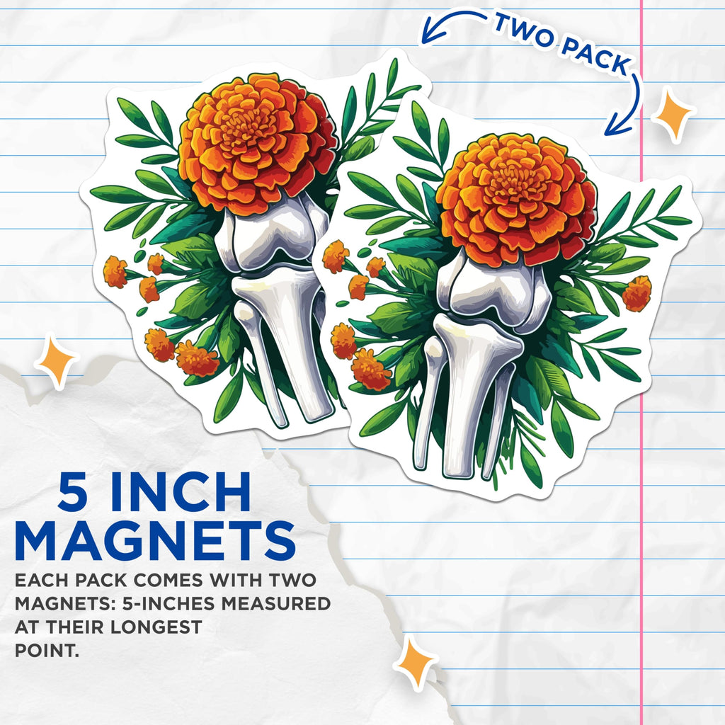 (2 Pack) Marigold Knee Bone Magnets - Anatomical Floral Artwork - Dia de Los Muertos - Orthopedic Surgeon Decor - 5 Inches On Longest Side - Thick Durable Magnet - Made in USA - MAG19601