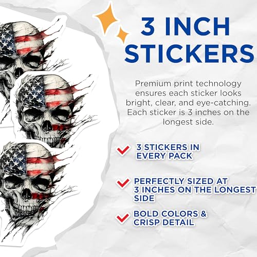 (3 Pack) American Flag Skull Decals - Patriotic Grunge Decals - USA Laptop Decals - 3 Inches On Longest Side - Easy Peel & Apply - Made in USA - 3MCS7978