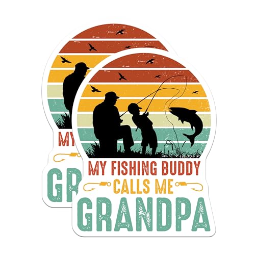 (2 Pack) My Fishing Buddy Calls Me Grandpa Magnets - Retro Fishing Design - Fishing Gifts for Grandpa - Outdoor Magnets - 5" On Longest Side - for Cars, Fridges, Toolboxes - Made in USA - MAG4146