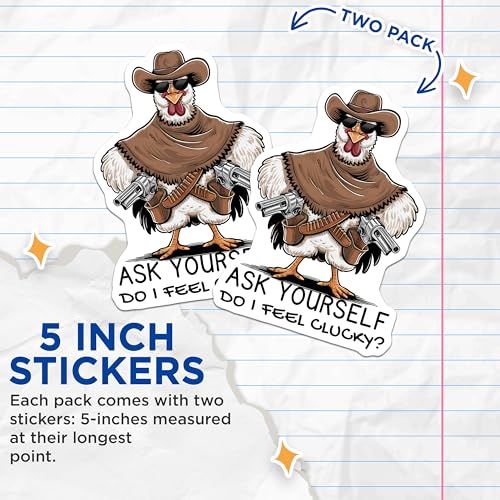 (2 Pack) Funny Chicken Stickers - Western Theme - Humor Stickers for Laptops - 5" On Longest Side - Sticks to Smooth Flat Surfaces - Made in USA - BMCS5711
