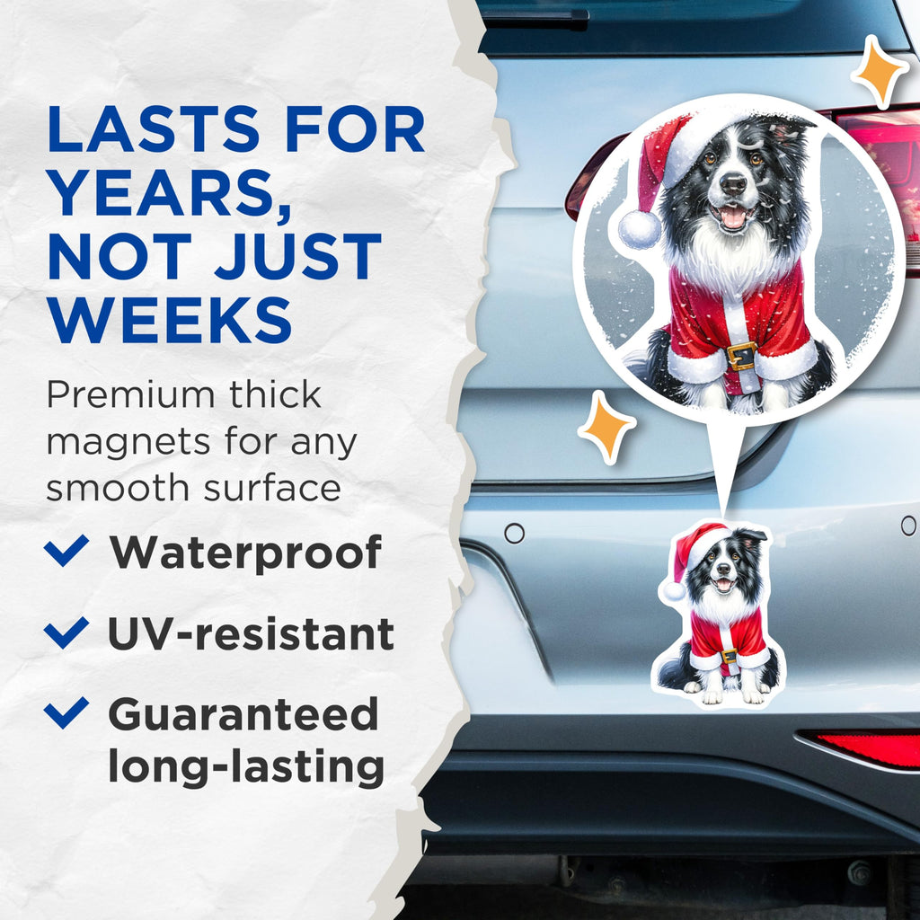 (2 Pack) Border Collie Christmas Magnets - Santa Dog Holiday Decor - Festive Pet Refrigerator Locker Accessory - 5 Inches On Longest Side - Thick Durable Magnet - Made in USA - MAG24747