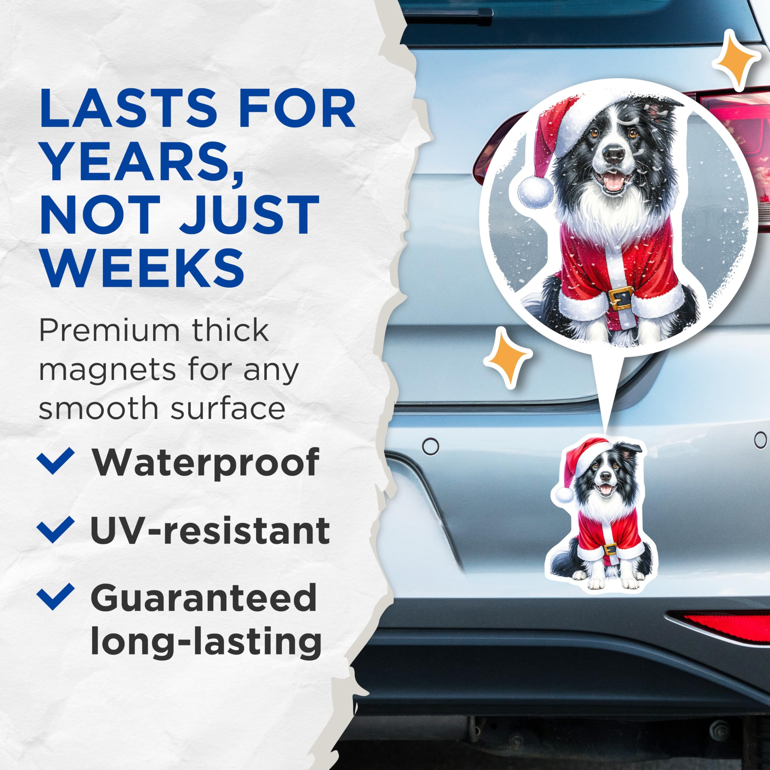 (2 Pack) Border Collie Christmas Magnets - Santa Dog Holiday Decor - Festive Pet Refrigerator Locker Accessory - 5 Inches On Longest Side - Thick Durable Magnet - Made in USA - MAG24747
