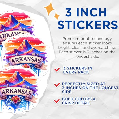(3 Pack) Arkansas Decals - State Pride Sticker - Laptop Decals- 3 Inches On Longest Side - Easy Peel & Apply - Made in USA - 3MCS5675