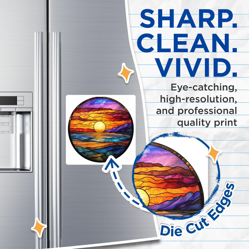(2 Pack) Stained Glass Sunset Magnets - Ocean Mountain Art - Vibrant Landscape Decor - 5 Inches On Longest Side - Thick Durable Magnet - Made in USA - MAG24891
