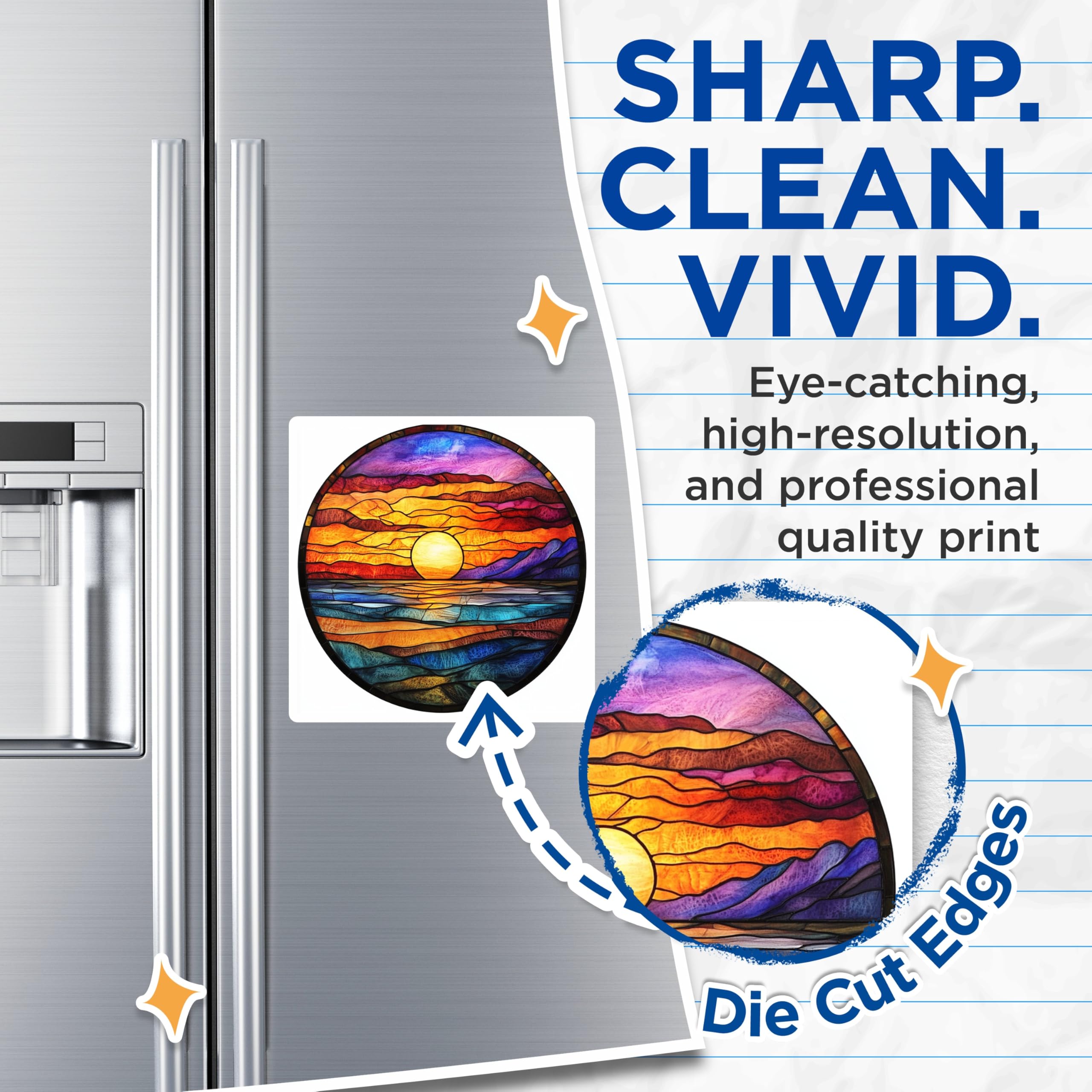(2 Pack) Stained Glass Sunset Magnets - Ocean Mountain Art - Vibrant Landscape Decor - 5 Inches On Longest Side - Thick Durable Magnet - Made in USA - MAG24891