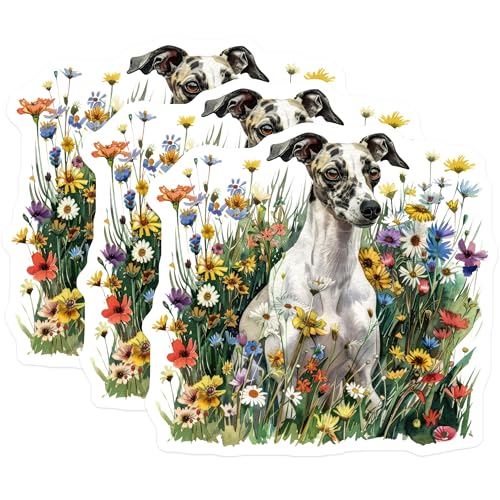 (3 Pack) Whippet Dog Decals - Floral Meadow - Laptop Decal- 3 Inches On Longest Side - Easy Peel & Apply - Made in USA - 3MCS5185