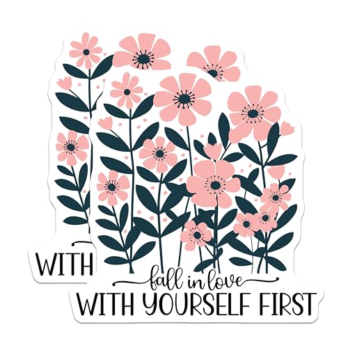 (2 Pack) Fall in Love with Yourself First Stickers - Motivational Quote Stickers - Floral Art Stickers - 5" On Longest Side - Sticks to Smooth Flat Surfaces - Made in USA - BMCS3863