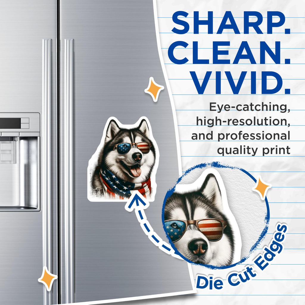 (2 Pack) Husky Dog Magnets - Patriotic Pup Decor - American Flag Canine Magnet - 5" On Longest Side - Premium Magnet - for Cars, Refrigerators, Toolboxes, Lockers - Made in USA - MAG15350