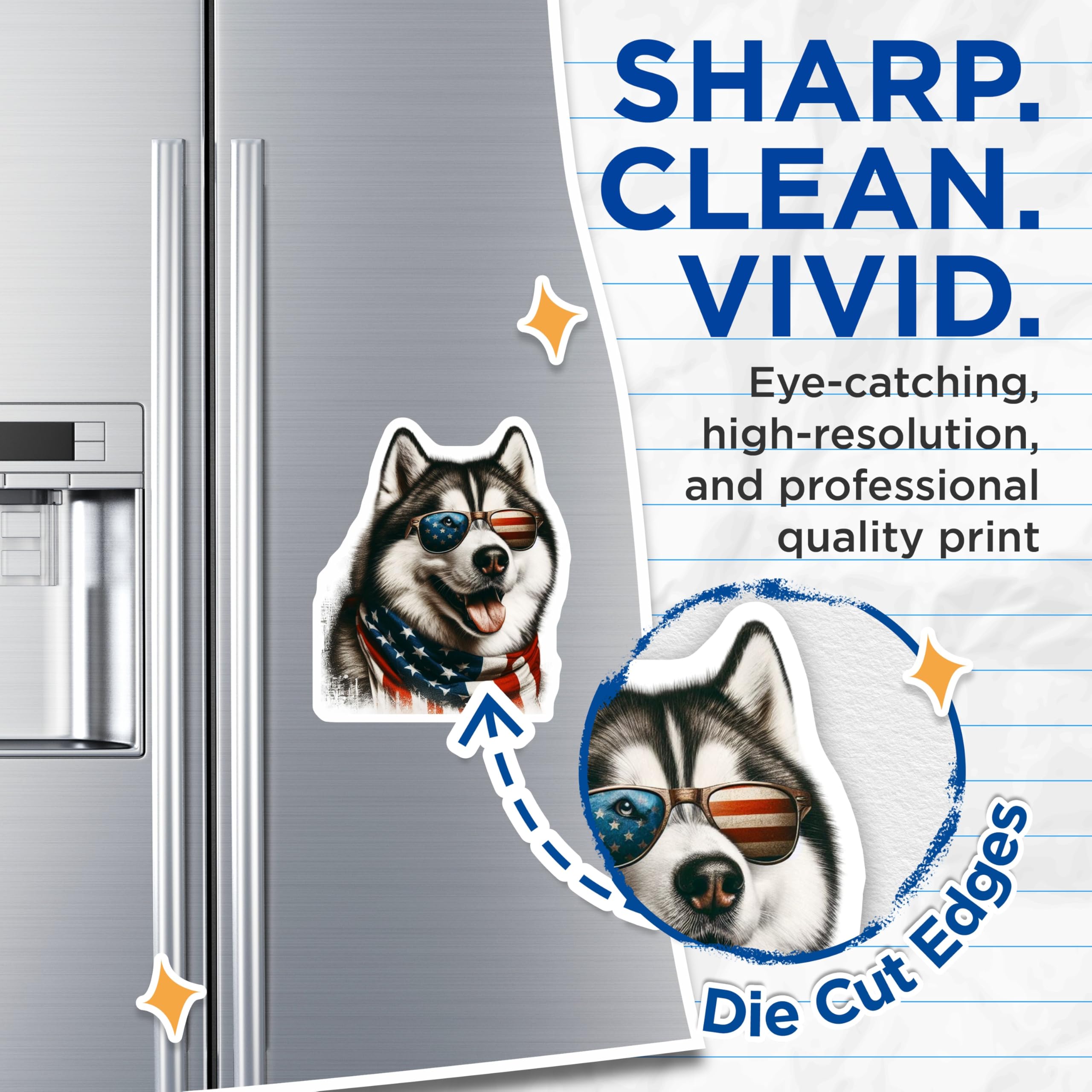 (2 Pack) Husky Dog Magnets - Patriotic Pup Decor - American Flag Canine Magnet - 5" On Longest Side - Premium Magnet - for Cars, Refrigerators, Toolboxes, Lockers - Made in USA - MAG15350