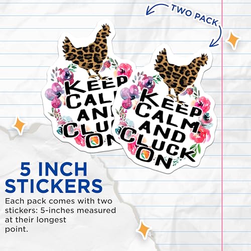 (2 Pack) Keep Calm and Cluck On Stickers - Chicken Lover Stickers - Funny Farm Animal Stickers - 5" On Longest Side - Sticks to Smooth Flat Surfaces - Made in USA - BMCS5636