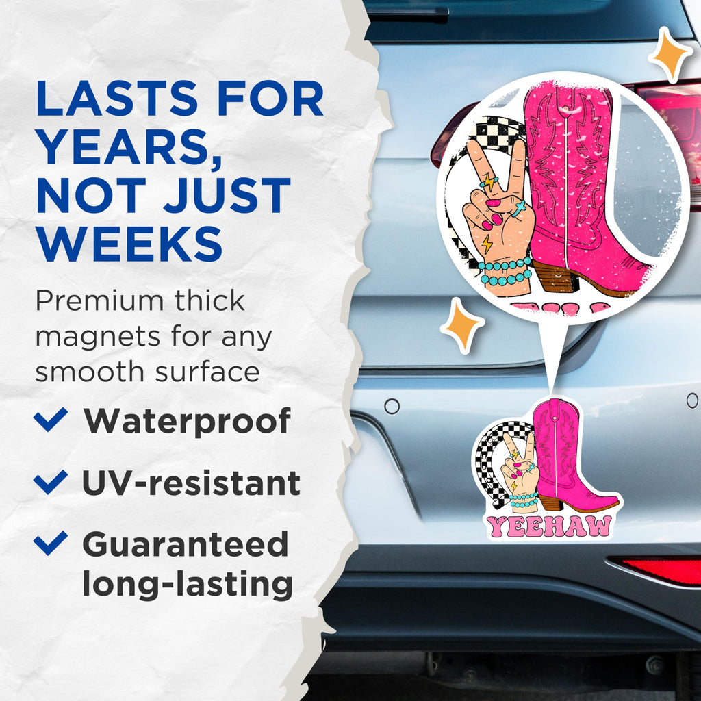 (2 Pack) Yeehaw Magnets - Cowgirl Decor - Pink Boot Horseshoe Decorations - 5" On Longest Side - Premium Magnet - for Cars, Refrigerators, Toolboxes, Lockers - Made in USA - MAG16248