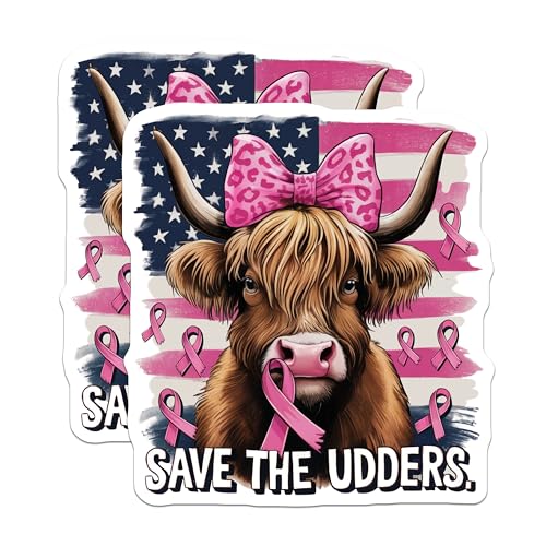 (2 Pack) Save The Udders Stickers - Breast Cancer Awareness Stickers - Pink Ribbon Cow Stickers - 5" On Longest Side - Sticks to Smooth Flat Surfaces - Made in USA - BMCS3981