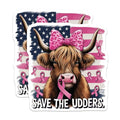 (2 Pack) Save The Udders Stickers - Breast Cancer Awareness Stickers - Pink Ribbon Cow Stickers - 5" On Longest Side - Sticks to Smooth Flat Surfaces - Made in USA - BMCS3981