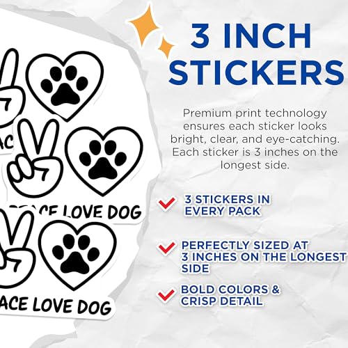 (3 Pack) Dog Lover Decals - Peace Sign - Animal Paw Print Love - Laptop Decal- 3 Inches On Longest Side - Easy Peel & Apply - Made in USA - 3MCS5380