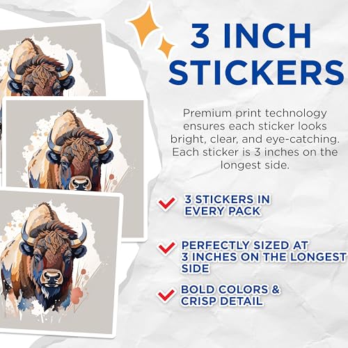 (3 Pack) Bison Decals - Watercolor Buffalo Stickers - Laptop Decal - 3 Inches On Longest Side - Easy Peel & Apply - Made in USA - 3MCS7441