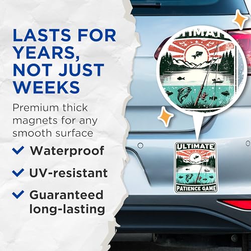 (2 Pack) Ultimate Patience Game Magnets - Fishing Scene Magnets - Outdoor Angler Home Decor Magnets'- 5" On Longest Side - for Fridges, Toolboxes, Cars - Made in USA - MAG2620