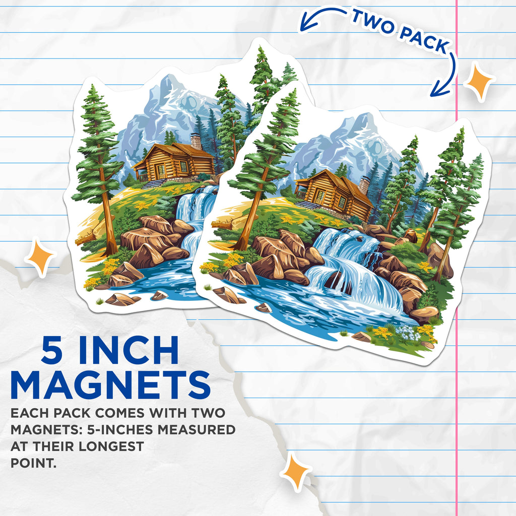 (2 Pack) Mountain Cabin Magnets - Waterfall Landscape Scene - Rustic Nature Adventure - 5 Inches On Longest Side - Thick Durable Magnet - Made in USA - MAG38967