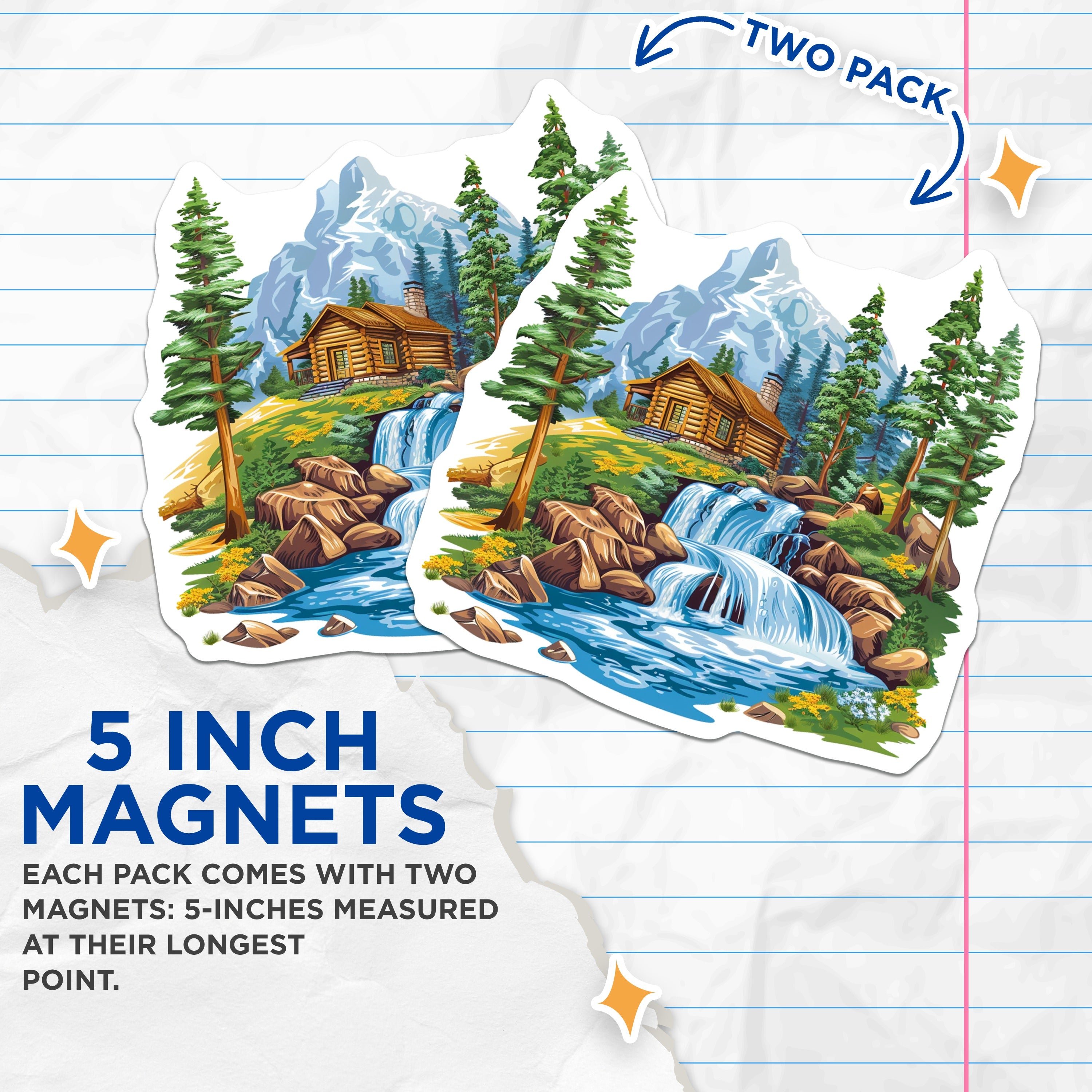 (2 Pack) Mountain Cabin Magnets - Waterfall Landscape Scene - Rustic Nature Adventure - 5 Inches On Longest Side - Thick Durable Magnet - Made in USA - MAG38967
