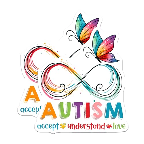 (2 Pack) Autism Acceptance Stickers - Infinity Symbol Butterfly - Colorful Autism Awareness Decals - 5" On Longest Side - Sticks to Smooth Flat Surfaces - Made in USA - BMCS8129