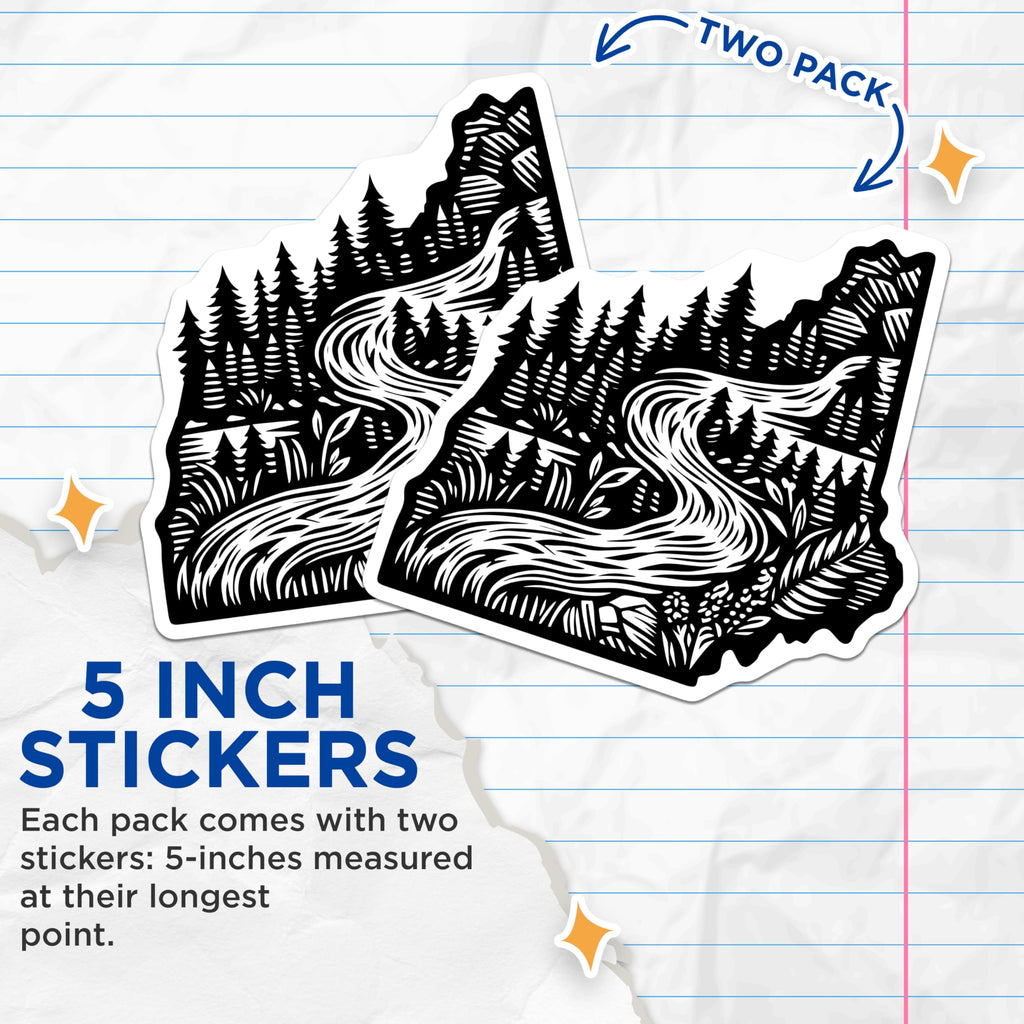 (2 Pack) New Hampshire Landscape Stickers - River Forest Design - Woodcut Art Stickers - 5" On Longest Side - Sticks to Smooth Flat Surfaces - Made in USA - BMCS21986
