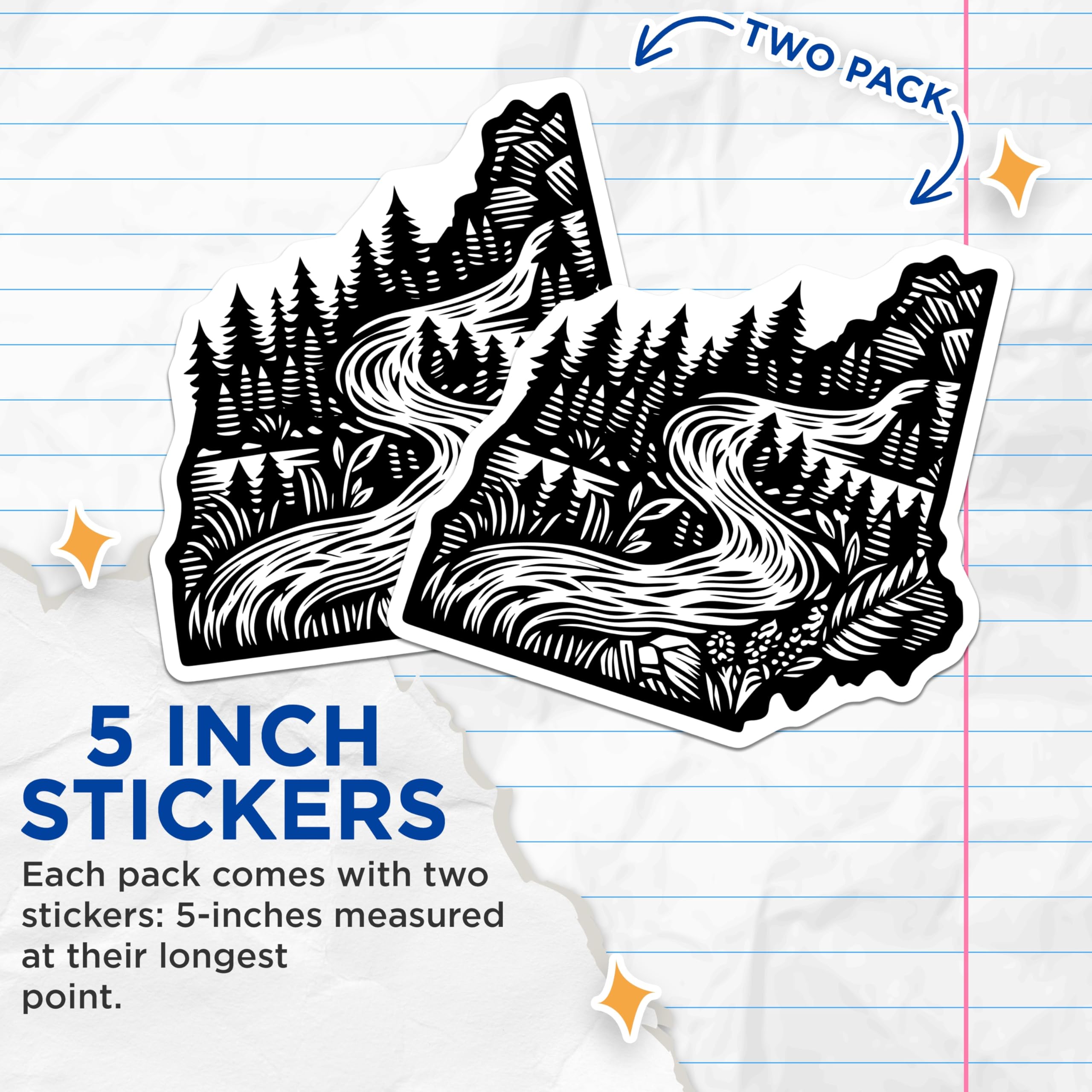(2 Pack) New Hampshire Landscape Stickers - River Forest Design - Woodcut Art Stickers - 5" On Longest Side - Sticks to Smooth Flat Surfaces - Made in USA - BMCS21986