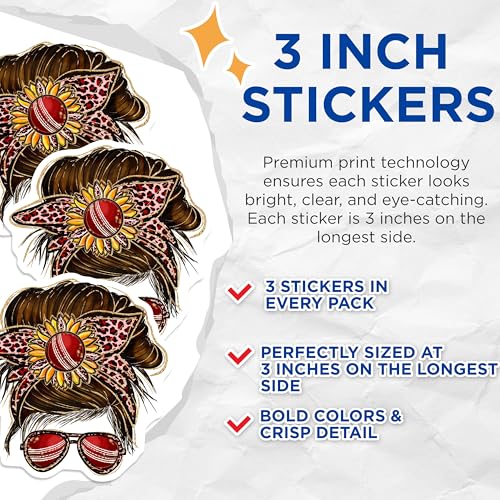 (3 Pack) Messy Bun Cricket Decals - Leopard Headband - Sporty Mom Laptop Decals - 3 Inches On Longest Side - Easy Peel & Apply - Made in USA - 3MCS4968