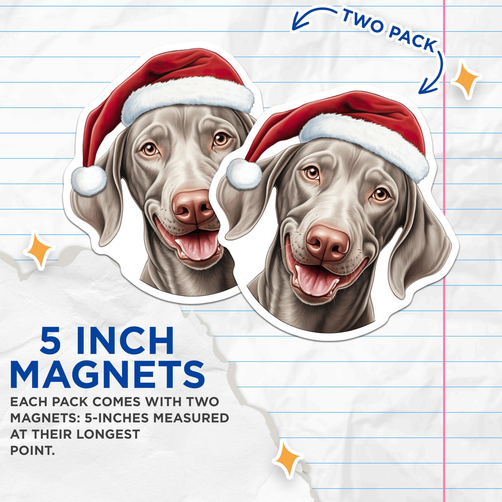 (2 Pack) Christmas Weimaraner Dog Magnets - Festive Pet Decor - Santa Hat Canine Art - 5 Inches On Longest Side - Thick Durable Magnet - Made in USA - MAG29631