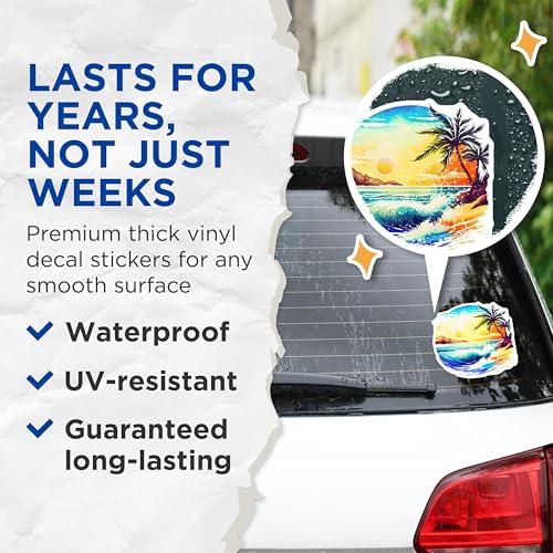 (2 Pack) Tropical Beach Stickers - Watercolor Art - Summer Vibes - 5" On Longest Side - Sticks to Smooth Flat Surfaces - Made in USA - BMCS9267