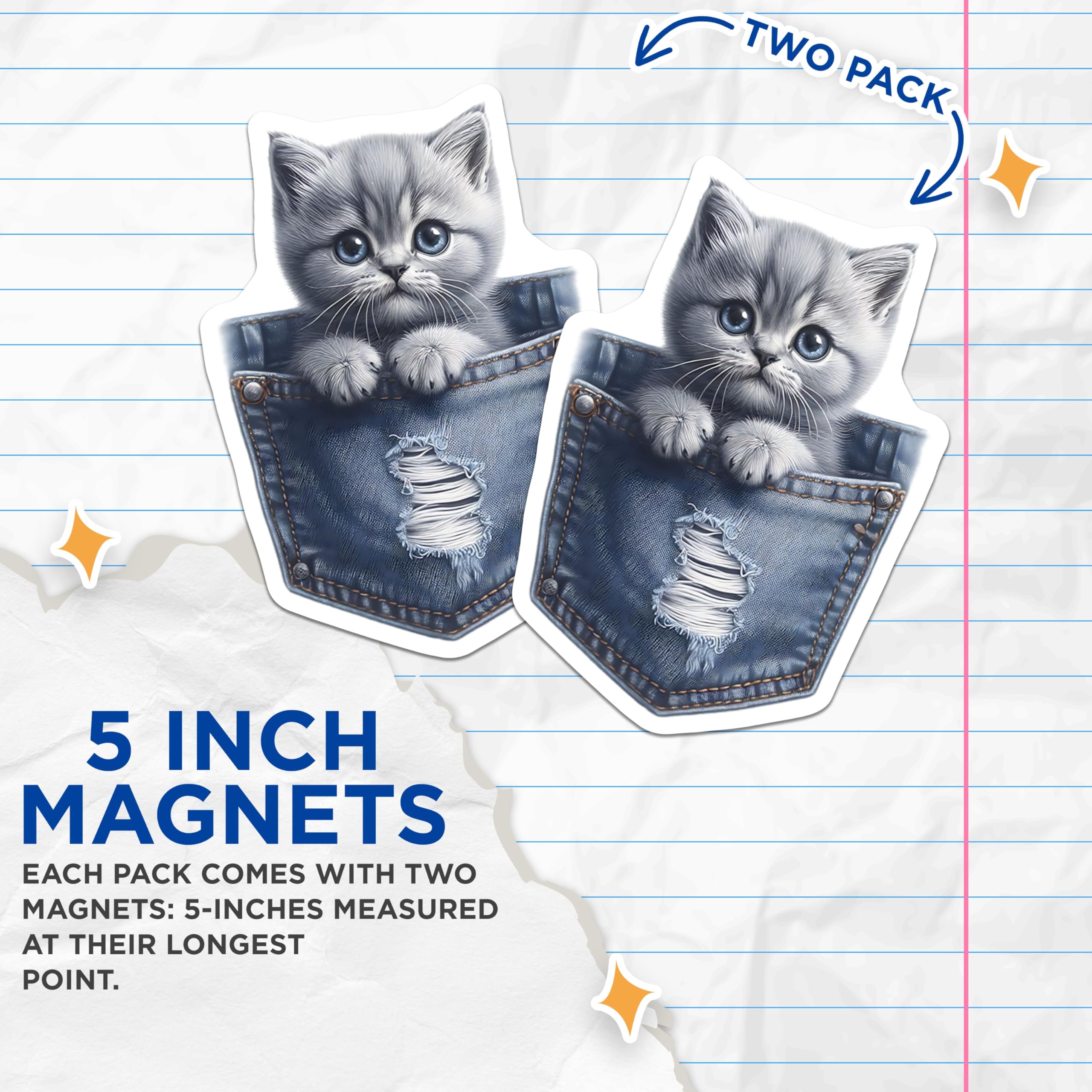(2 Pack) Kitten in Pocket Magnets - Cute Cat Art - Fridge Decor for Pet Lovers - 5" On Longest Side - Premium Magnet - for Cars, Refrigerators, Toolboxes, Lockers - Made in USA - MAG15716
