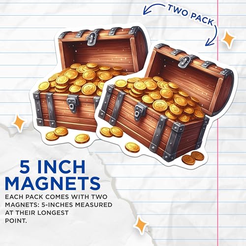 (2 Pack) Pirate Treasure Chest Magnets - Gold Coin Decor - Treasure Box Magnets - 5" On Longest Side - for Cars, Fridges, Toolboxes - Made in USA - MAG6864