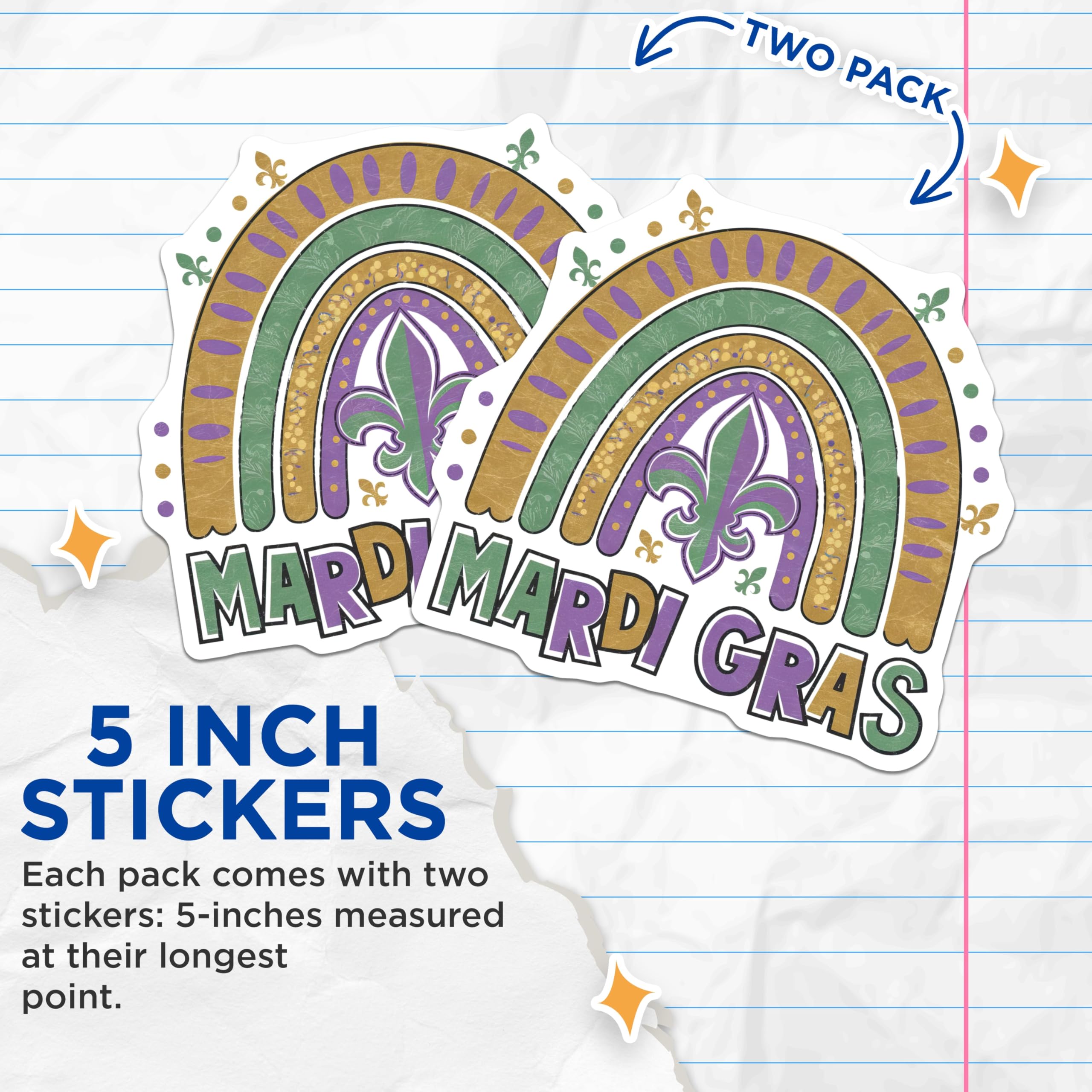 (2 Pack) Mardi Gras Stickers - Fleur de Lis - Celebration Stickers - 5" On Longest Side - Sticks to Smooth Flat Surfaces - Made in USA - BMCS14698