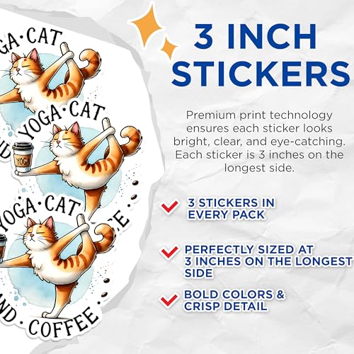 (3 Pack) Yoga Cat Decals - Coffee Lover - Laptop Decal - 3 Inches On Longest Side - Easy Peel & Apply - Made in USA - 3MCS1288