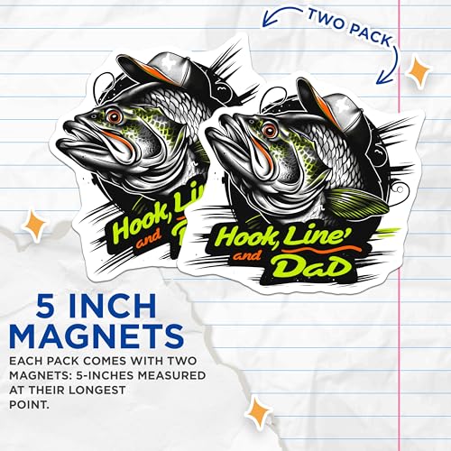 (2 Pack) Hook Line and Dad Magnets - Funny Fishing Magnets - Fish Lover's Magnets - Outdoor Enthusiast Magnets - 5" On Longest Side - for Cars, Refrigerators, Toolboxes, Lockers - Made In USA BMCS3489