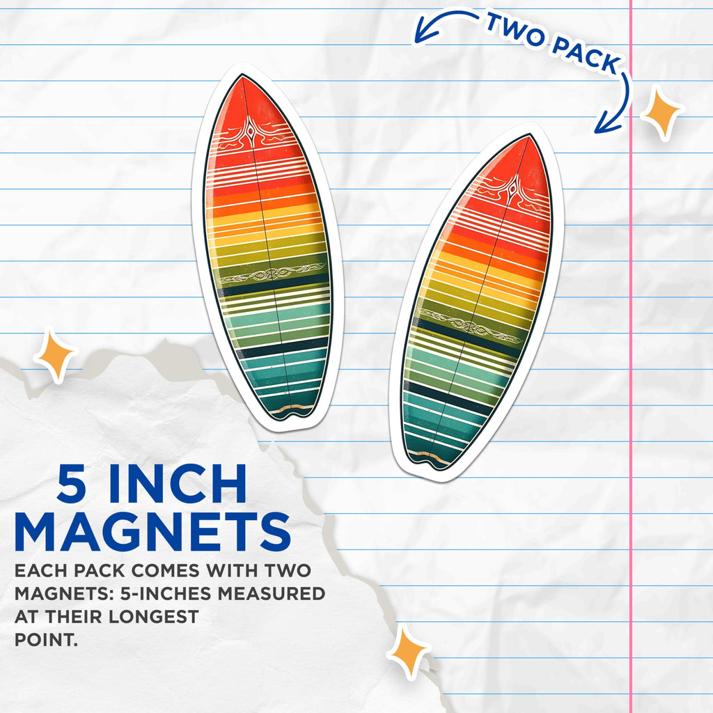 (2 Pack) Surfboard Striped Magnets - Surfing Beach Decor - Retro Board Design Magnets - 5" On Longest Side - Premium Magnet - for Cars, Refrigerators, Toolboxes, Lockers - Made in USA - MAG14183